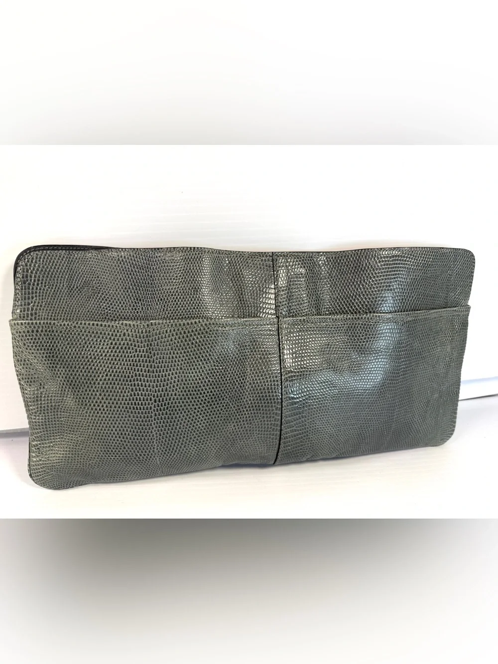 Chloé Gray Lizard-Embossed Leather Clutch with Gold Turnlock